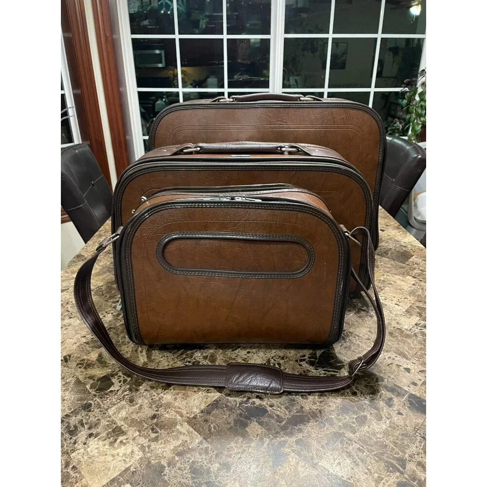 Vintage Samsonite Travel Bureau Brown Leather 3-Piece Luggage Set With Zipper Cl